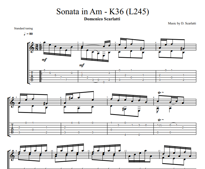 Domenico Scarlatti - Sonata in A minor - K36 L245 sheet music for guitar